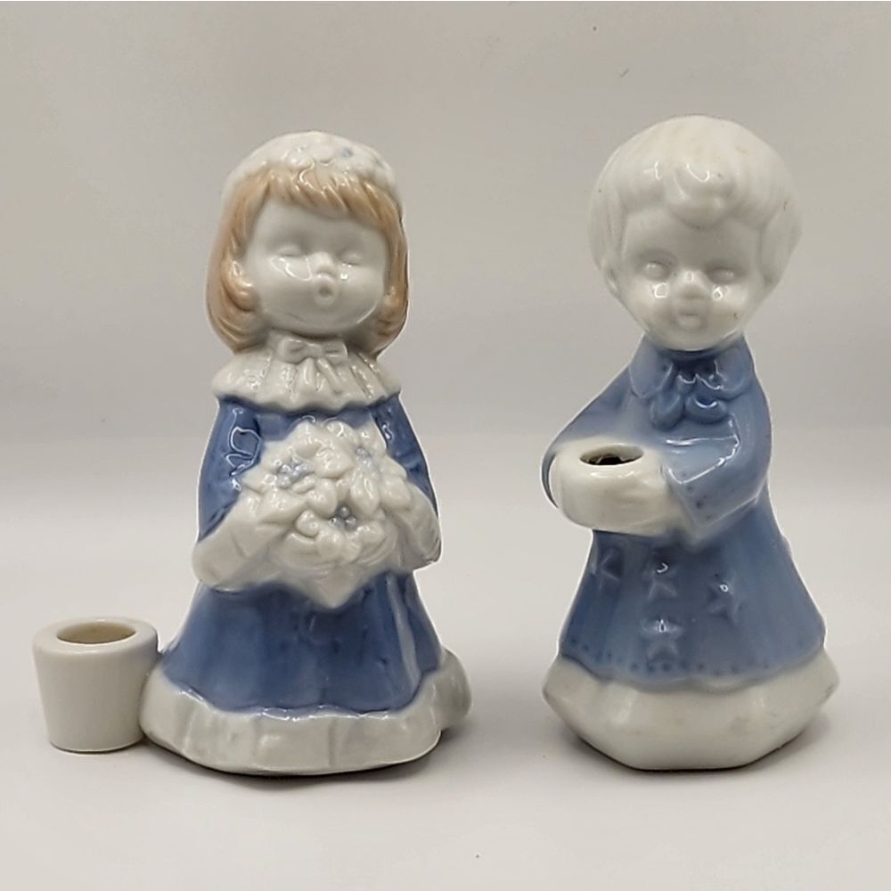 VTG Pair Porcelain Small Taper Candle Holders Girl And Boy Sri Lanka